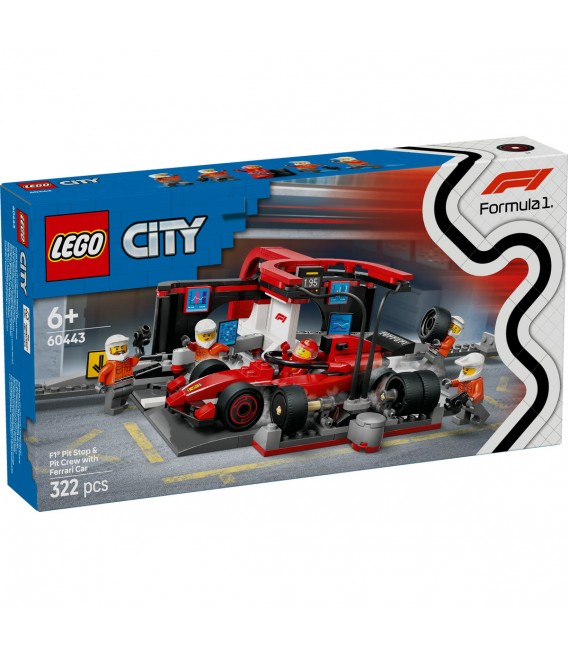 Boxă și mecanici F1 cu mașină Ferrari LEGO 60443